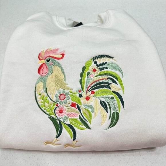 Chicken Sweatshirt Embroidered Floral Rooster Adult Crewneck Sweatshirt Farm - Picture 1 of 5